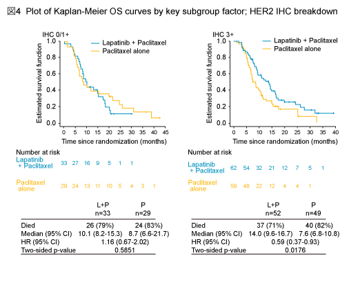 }4@Plot of Kaplan-Meier OS curves by key subgroup factor; HER2 IHC breakdown